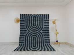 Modern Geometric Rug, Black & Teal Blue Arch Pattern Area Moroccan Style Wool Carpet, Contemporary Home Decor - thumbnail 1