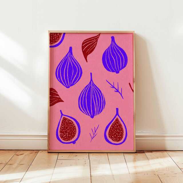Pop Art Fig Print, Maximalist Bohemian Kitchen Decor, Pink Aesthetic Wall Art, Folk Fruit Poster, Unique Eclectic Home Gift - image 1