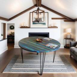 Round Wood Dining Table Handpainted in Our Unique Coastal Cottage Ocean Sunset Design Supplied With Black Metal Hair Pin Legs - thumbnail 2