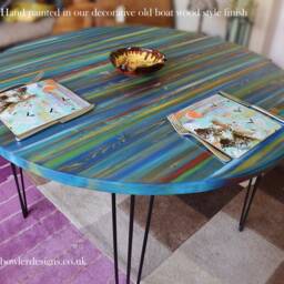 Round Wood Dining Table Handpainted in Our Unique Coastal Cottage Ocean Sunset Design Supplied With Black Metal Hair Pin Legs - thumbnail 3
