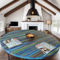 Round Wood Dining Table Handpainted in Our Unique Coastal Cottage Ocean Sunset Design Supplied With Black Metal Hair Pin Legs - thumbnail 1