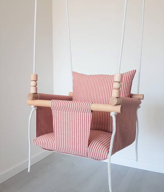 Red Striped Linen Baby Swing Indoor Nursery Decor - image 1