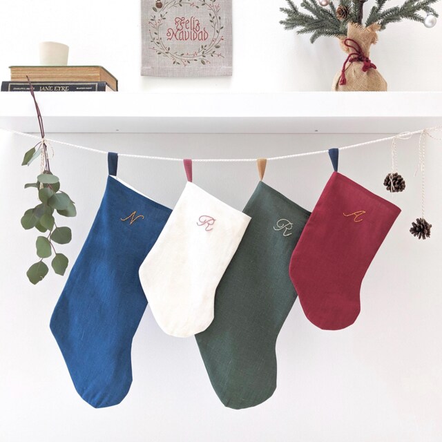 Hand Embroidered, Standard Size, Personalized Linen Initial Christmas Stocking - image 1