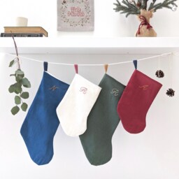Hand Embroidered, Standard Size, Personalized Linen Initial Christmas Stocking