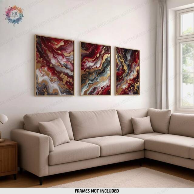 Deep Red & Gold Fluid Print Set - Living Room Wall Art - Home Decor Of 3 Prints Colourful Liquid Artwork Modern Ink Poster - image 1