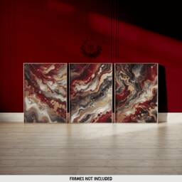 Deep Red & Gold Fluid Print Set - Living Room Wall Art - Home Decor Of 3 Prints Colourful Liquid Artwork Modern Ink Poster - thumbnail 2