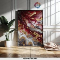 Deep Red & Gold Fluid Print Set - Living Room Wall Art - Home Decor Of 3 Prints Colourful Liquid Artwork Modern Ink Poster - thumbnail 3