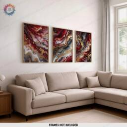 Deep Red & Gold Fluid Print Set - Living Room Wall Art - Home Decor Of 3 Prints Colourful Liquid Artwork Modern Ink Poster