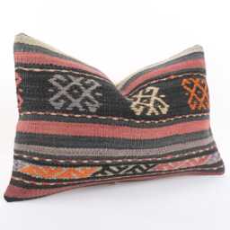 Handwoven Turkish Kilim Lumbar Pillow Bohemian Home Decor - 16x24 Inch - thumbnail 3