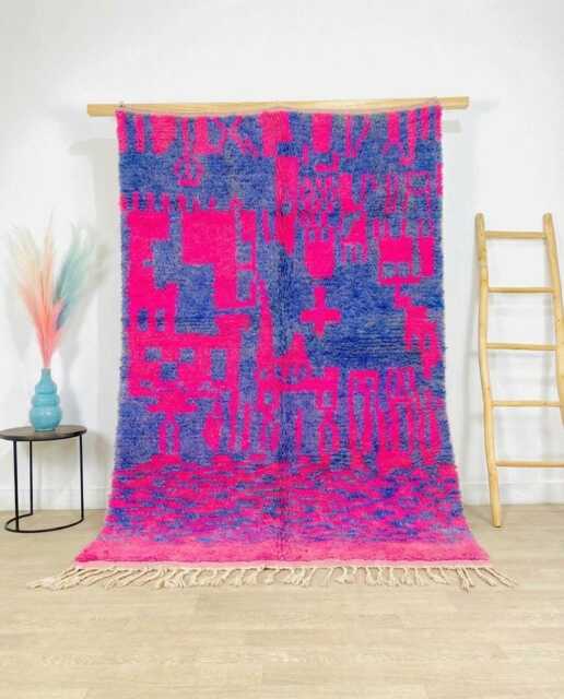 Fuchsia Blue Azilal Rug, Vibrant Abstract Moroccan Carpet, Handmade Berber Shag Large Area Dopamine Decor Mat - image 1