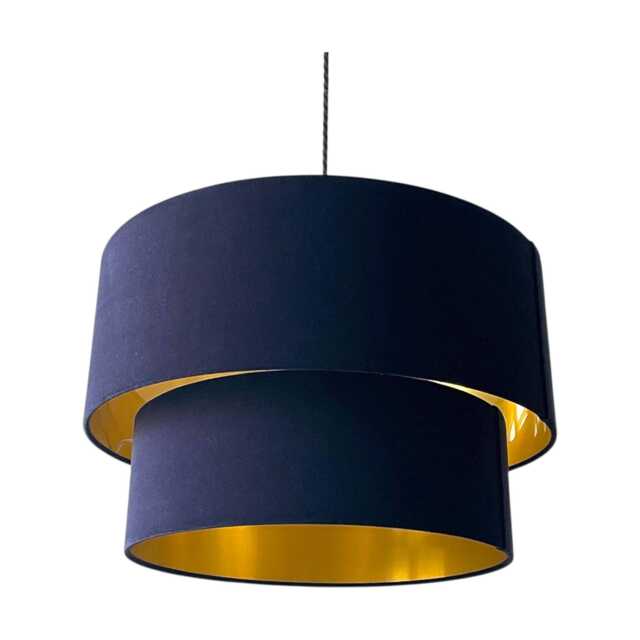 Navy Blue Velvet Brushed Gold Two Tier Drum Chandelier Lampshade - image 1