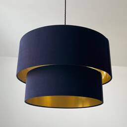 Navy Blue Velvet Brushed Gold Two Tier Drum Chandelier Lampshade - thumbnail 2