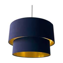 Navy Blue Velvet Brushed Gold Two Tier Drum Chandelier Lampshade - thumbnail 1