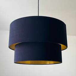 Navy Blue Velvet Brushed Gold Two Tier Drum Chandelier Lampshade - thumbnail 3