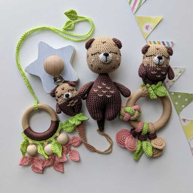Crochet Otter Baby Gift Set Rattle, Pacifier Clip, Hanging Toy & Stuffed Animal - image 1
