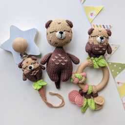 Crochet Otter Baby Gift Set Rattle, Pacifier Clip, Hanging Toy & Stuffed Animal - thumbnail 2