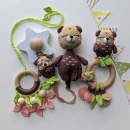 Crochet Otter Baby Gift Set Rattle, Pacifier Clip, Hanging Toy & Stuffed Animal