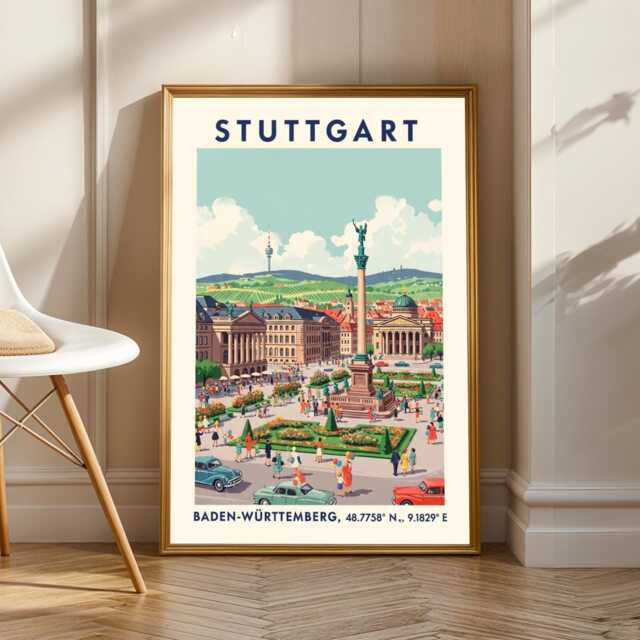 stuttgart City Square Poster - Green & Blue, Red Beige Illustration - Vintage Travel Art European Cityscape For Living Room - image 1