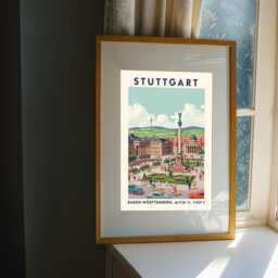 stuttgart City Square Poster - Green & Blue, Red Beige Illustration - Vintage Travel Art European Cityscape For Living Room - thumbnail 3