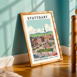 stuttgart City Square Poster - Green & Blue, Red Beige Illustration - Vintage Travel Art European Cityscape For Living Room - thumbnail 2
