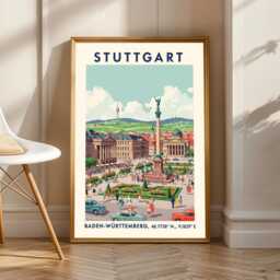 stuttgart City Square Poster - Green & Blue, Red Beige Illustration - Vintage Travel Art European Cityscape For Living Room - thumbnail 1