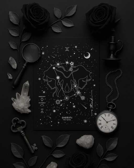 Gemini Zodiac Constellation Silver Foil Art Print, Astrology Horoscope Signs Celestial Artwork, Black Minimal Wall Decor - image 1