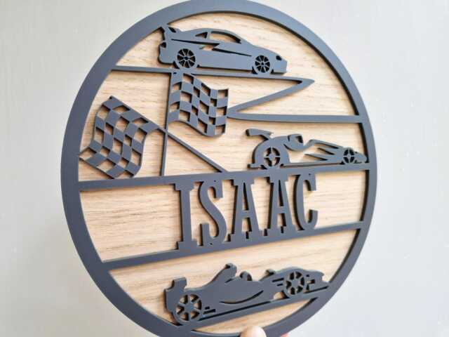 Racing Cars Name Sign For Kids Bedroom, Nursery Door Plaque, Vehicle Theme Baby Room Decor, Wood Transport Wall Art, Personalised Car Round - image 1