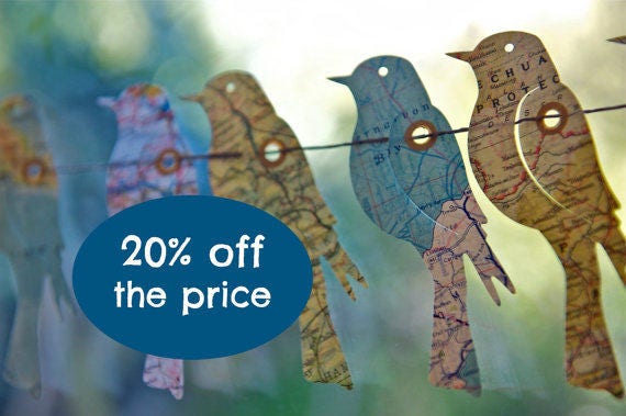 Paper Bird Garland Lover Gift Handmade Eco Home Decor Vintage Map Wall Hanging Unique Valentine Travel - image 1