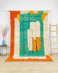 Hand Tufted Moroccan Orange & Green Berber Rug, Authentic Beni Ourain Carpet, Large Area Handwoven Wool Shag Rug With Abstract Shapes - thumbnail 1