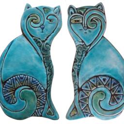 Turquoise Ceramic Cat Sculpture Textured Wall Art, Deco - 26cm/10.2 - thumbnail 4
