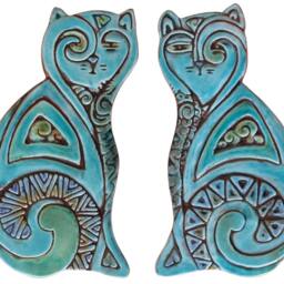 Turquoise Ceramic Cat Sculpture Textured Wall Art, Deco - 26cm/10.2 - thumbnail 2