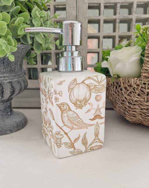 Lovely Beige/Gold Bird & Floral Toile Decoupaged Ceramic Soap Dispenser.hand Decorated - image 1