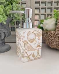 Lovely Beige/Gold Bird & Floral Toile Decoupaged Ceramic Soap Dispenser.hand Decorated