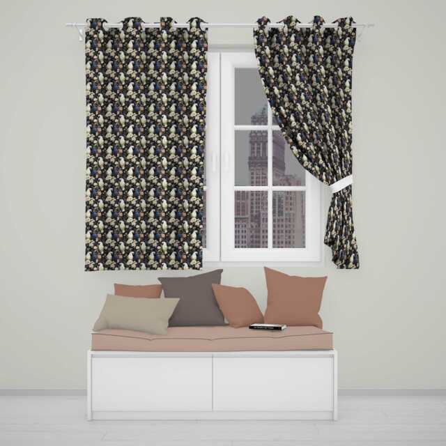 Elegant White Cockatoo Floral Dark Background Seamless Pattern Readymade Eyelet Ring Top Thermal 100% Blackout Curtains - image 1