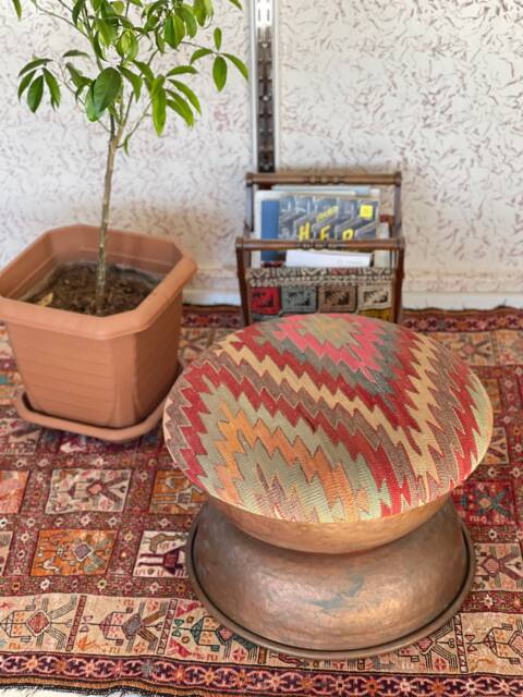 Vintage Kilim Ottoman, Antique Copper Stool, Beech Wood Base - image 1