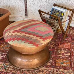 Vintage Kilim Ottoman, Antique Copper Stool, Beech Wood Base - thumbnail 2