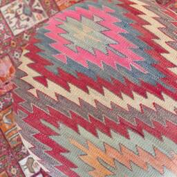 Vintage Kilim Ottoman, Antique Copper Stool, Beech Wood Base - thumbnail 3