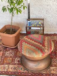 Vintage Kilim Ottoman, Antique Copper Stool, Beech Wood Base - thumbnail 1