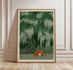 Sleeping Fox Under Wisteria Poster, Japanese Nature Wall Art - thumbnail 1