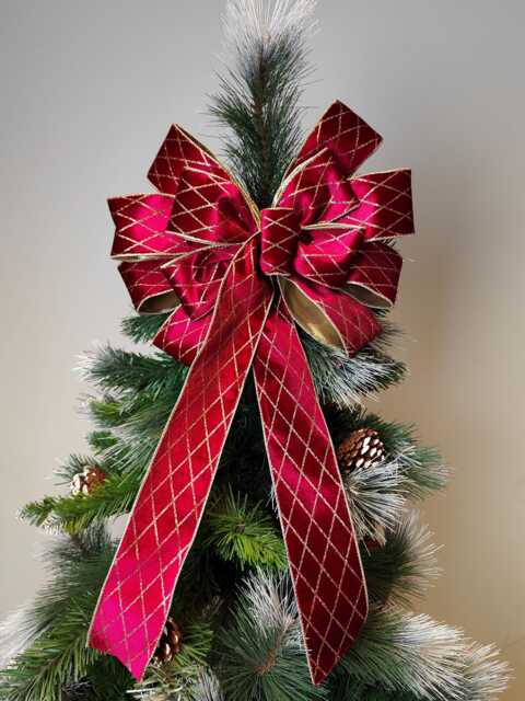 Gold Burgundy Velvet Bow Wreath Christmas Tree Topper Harlequin Lantern Bow Xmas Decorations Wedding - image 1