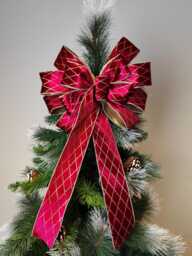 Gold Burgundy Velvet Bow Wreath Christmas Tree Topper Harlequin Lantern Bow Xmas Decorations Wedding - thumbnail 1