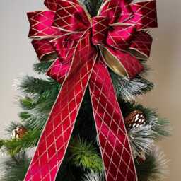 Gold Burgundy Velvet Bow Wreath Christmas Tree Topper Harlequin Lantern Bow Xmas Decorations Wedding - thumbnail 2