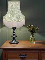Handcrafted William Morris Sage Willow Bough Fabric Scalloped Lampshade Green Braid & Cream Fringe, Bespoke British Made