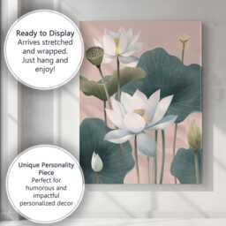 Soft Blush White Lotus Bloom Botanical Nature Art Canvas Wall Print Decor Picture Ready To Hang - thumbnail 3