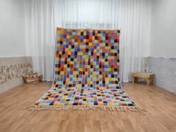 Handwoven Moroccan Rug, Colorful Checkered Berber Sheep Wool Carpet, Boho Interior Decor