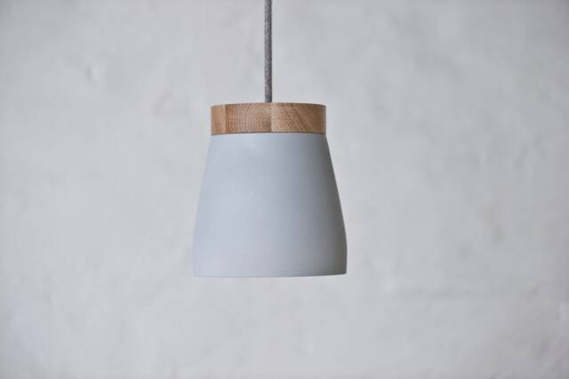No. 03 - Ceramic Hanging Lamp Greybluelight Pendant Textile Cable Oak Wood Led Dining Table Counter Work Matt - image 1