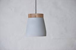 No. 03 - Ceramic Hanging Lamp Greybluelight Pendant Textile Cable Oak Wood Led Dining Table Counter Work Matt