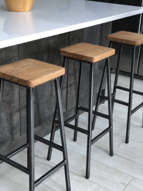 Bertie Fouroaks Wooden Oak Seat Stool - Steel Frame Industrial Counter Bar Stool - image 1