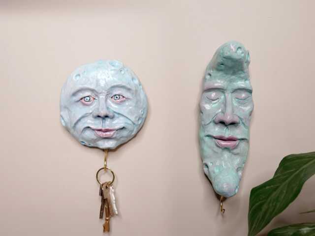 Whimsical Clay Moon Face Key Hook Sculptures Blue Turquoise Clay, Handmade Home Decor, Quirky Hanging Wall Ornaments - image 1