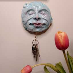 Whimsical Clay Moon Face Key Hook Sculptures Blue Turquoise Clay, Handmade Home Decor, Quirky Hanging Wall Ornaments - thumbnail 2